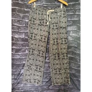 KISS & CRY Linen Blend Beach Pants Womens Large Black White Tribal Print Pull On